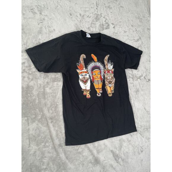 Native American Indian T-Shirt Unisex Medium Black Cats Headdress Tee Shirt - Picture 2 of 5